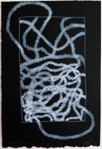 Lyn Horton, Small Drawing #1, 2019, ink marker on black rag paper, 11 in h x 7.5 in w